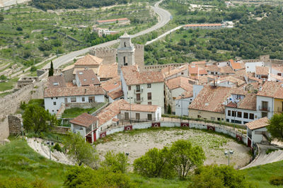 High angle view of buildings in town