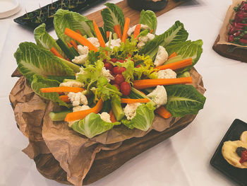 High angle view of chopped vegetables on table