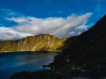 Scenic view of lake and mountains against blue sky