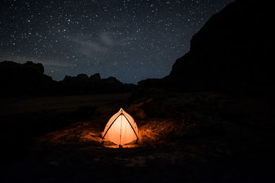 Illuminated tent on field against star field