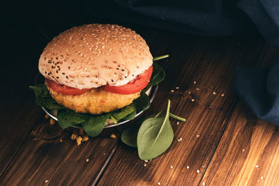 High angle view of burger on table