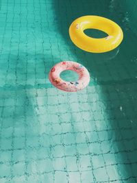 High angle view of warning sign on swimming pool