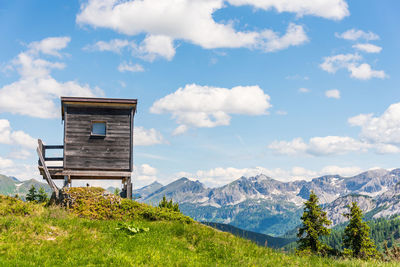 Wooden observation pulpit, hunting tower. beautiful nature in the austrian alps.