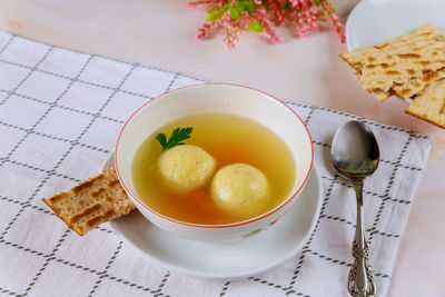 High angle view of soup in bowl on table