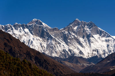 Scenic view of snowcapped mountains against clear blue sky