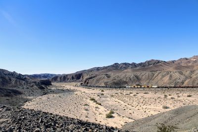 Scenic view of desert against clear blue sky