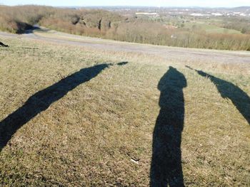 Shadow of man on grassy field