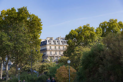 Trees in front of building against sky