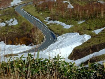 High angle view of road amidst land