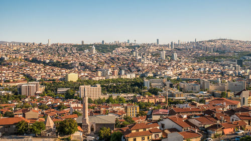 High angle view of townscape against clear sky