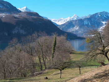 Scenic view of lake by mountains against sky