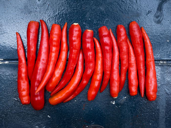High angle view of red chili peppers