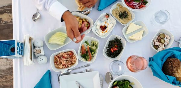 High angle view of breakfast on table