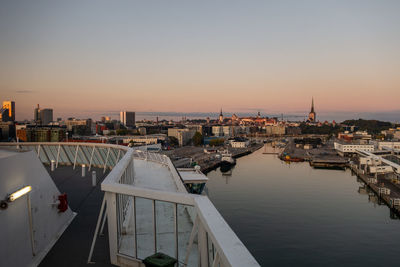 High angle view of buildings against sky during sunset