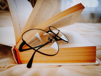 High angle view of book on table