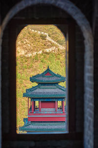 Temple seen through window of building