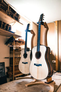 Electric guitar against wall
