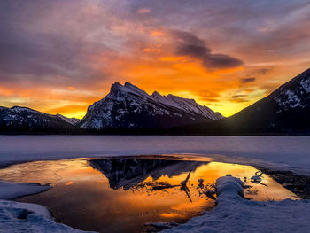 Scenic view of lake by mountains against sky during sunset