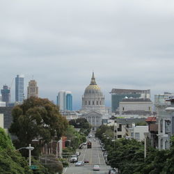 View of buildings in city against cloudy sky