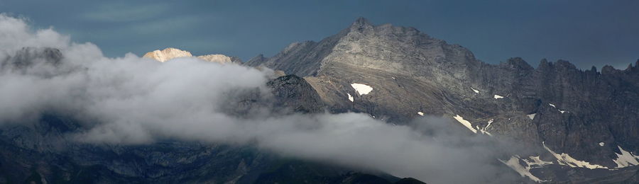 Panoramic view of snowcapped mountains against sky