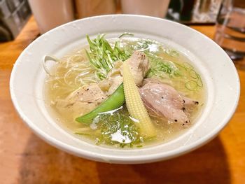 High angle view of soup in bowl on table