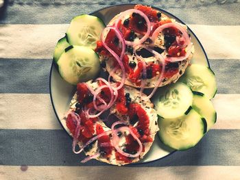 High angle view of fruits in plate on table