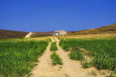 Scenic view of land against clear blue sky