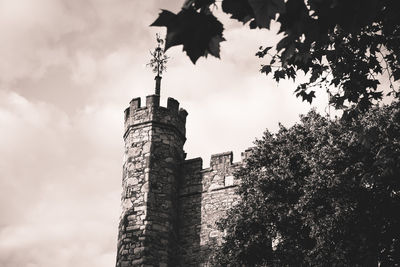 Low angle view of castle and tree against sky