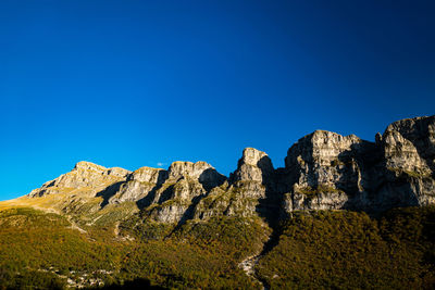 Low angle view of rocks against blue sky