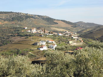 High angle view of houses on field