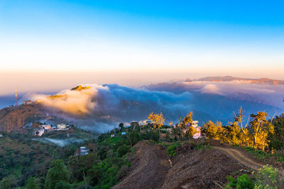 High angle view of landscape against sky during sunset