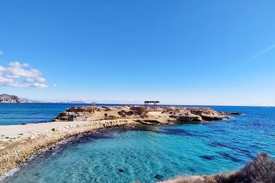 Scenic view of sea against clear blue sky