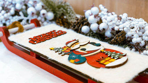 High angle view of christmas decoration on table