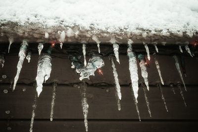 Close-up of ice hanging on snow