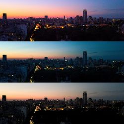 Aerial view of illuminated city buildings at night