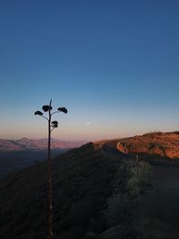 Street amidst mountains against clear sky during sunset