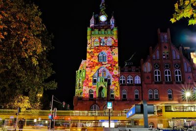 Low angle view of illuminated building at night