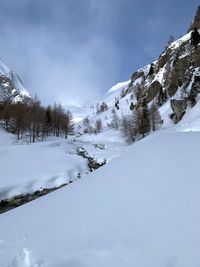 Scenic view of snow covered mountains against sky