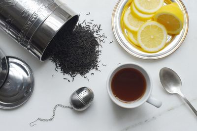 High angle view of tea served on table