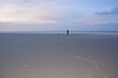 Silhouette man with dog at beach against cloudy sky at dusk