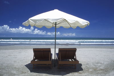 Scenic view of beach against blue sky