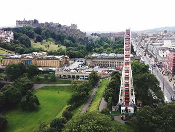 High angle view of buildings in city against sky