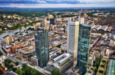 High angle view of modern buildings in city