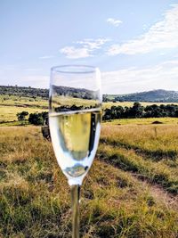 Drinking glass on field against sky