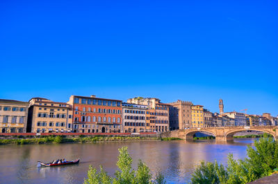 River by buildings against clear blue sky