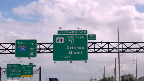 Low angle view of road sign against sky