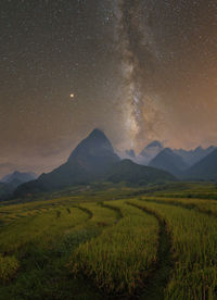 Milky way over ricefield at night, mu cang chai vietnam 