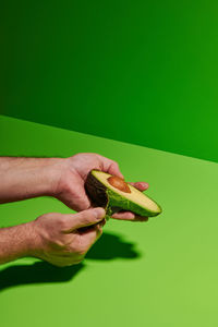 Midsection of person holding leaf against green background
