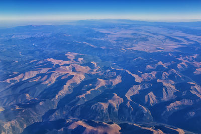 Aerial view rocky mountain landscapes on flight over colorado utah rockies wasatch front, usa.