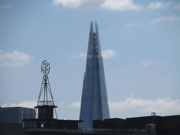 Low angle view of skyscrapers against cloudy sky